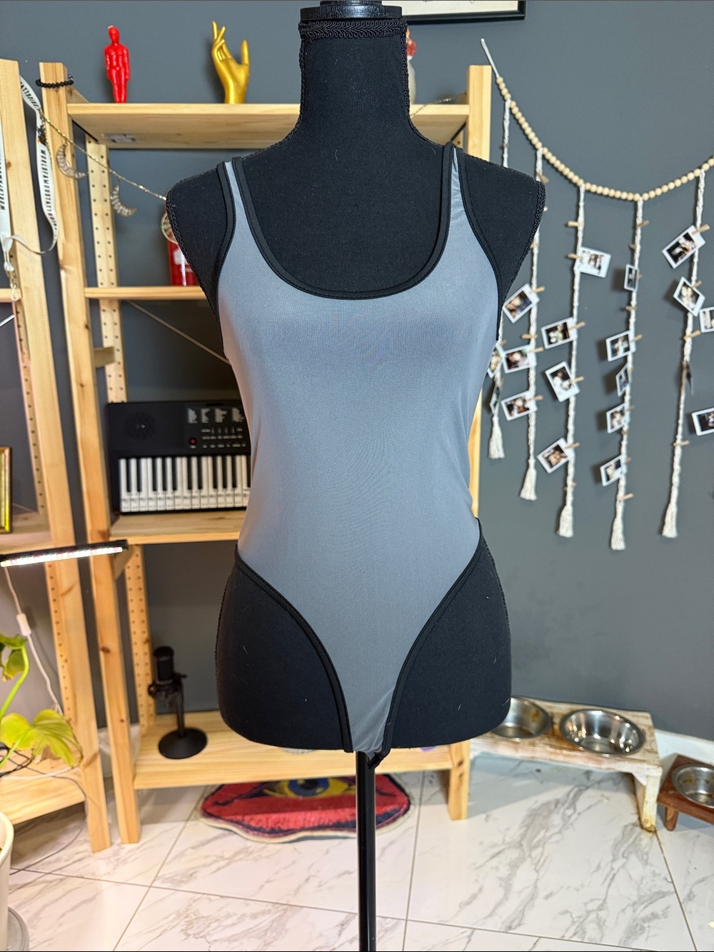 Womens Grey Tank Bodysuit with Black Trim